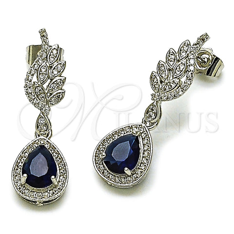 Rhodium Plated Dangle Earring, Teardrop and Wings Design, with Sapphire Blue Cubic Zirconia and White Micro Pave, Polished, Rhodium Finish, 02.452.0008.2