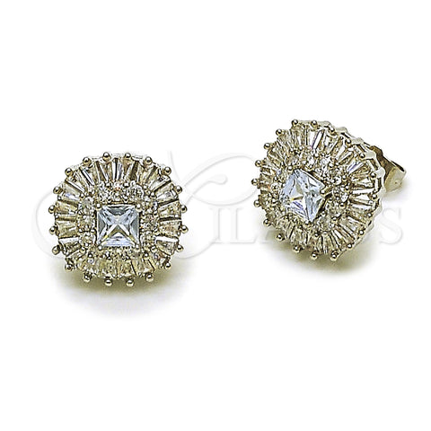Rhodium Gold Filled Stud Earring, Cluster and Baguette Design, with White Cubic Zirconia, Polished, Rhodium Finish, 02.452.0010