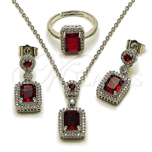 Rhodium Gold Filled Necklace, Earring and Ring, Cluster Design, with Garnet Cubic Zirconia and White Micro Pave, Polished, Rhodium Finish, 06.323.0002.1