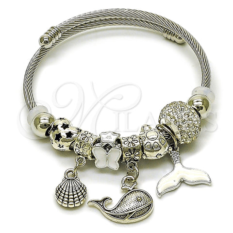 Stainless Steel Individual Bangle, Shell and Fish Design, with White Crystal, Polished, Steel Finish, 07.454.0001 (03 MM Thickness, One size fits all)