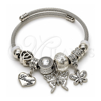 Stainless Steel Individual Bangle, Butterfly and Heart Design, with White Crystal, White Enamel Finish, Steel Finish, 07.454.0004 (03 MM Thickness, One size fits all)