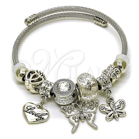 Stainless Steel Individual Bangle, Butterfly and Heart Design, with White Crystal, White Enamel Finish, Steel Finish, 07.454.0004 (03 MM Thickness, One size fits all)
