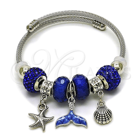 Stainless Steel Individual Bangle, Shell and Fish Design, with Sapphire Blue Crystal, Blue Enamel Finish, Steel Finish, 07.454.0005 (03 MM Thickness, One size fits all)