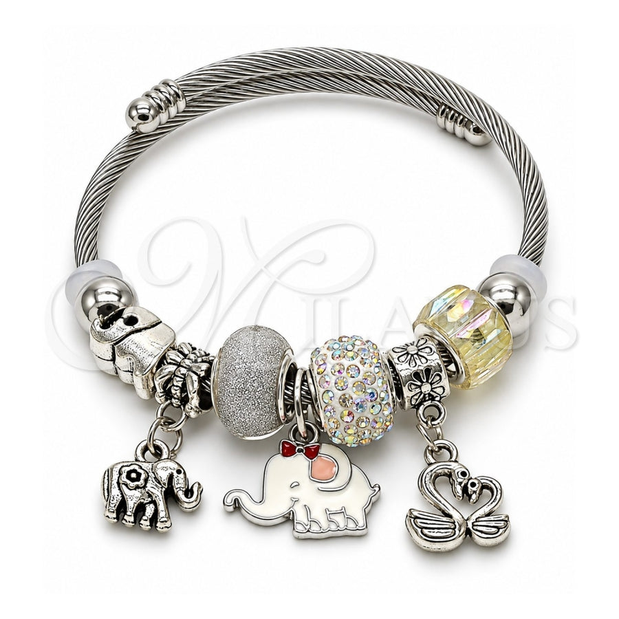 Stainless Steel Individual Bangle, Elephant and Swan Design, with Aurore Boreale and White Crystal, White Enamel Finish, Steel Finish, 07.454.0006 (03 MM Thickness, One size fits all)