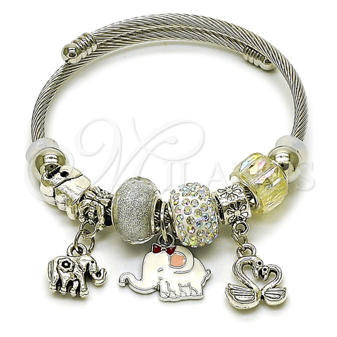 Stainless Steel Individual Bangle, Elephant and Swan Design, with Aurore Boreale and White Crystal, White Enamel Finish, Steel Finish, 07.454.0006 (03 MM Thickness, One size fits all)