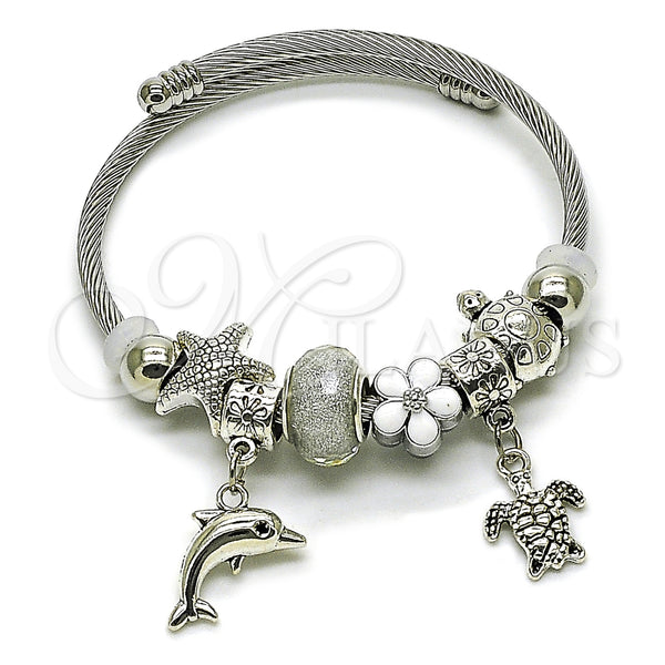 Stainless Steel Individual Bangle, Dolphin and Turtle Design, with Crystal Blue Shade Crystal, White Enamel Finish, Steel Finish, 07.454.0009 (03 MM Thickness, One size fits all)