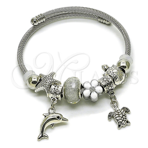 Stainless Steel Individual Bangle, Dolphin and Turtle Design, with Crystal Blue Shade Crystal, White Enamel Finish, Steel Finish, 07.454.0009 (03 MM Thickness, One size fits all)