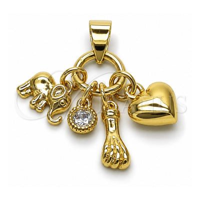 Oro Laminado Religious Pendant, Gold Filled Style Elephant and Heart Design, with White Cubic Zirconia, Polished, Golden Finish, 05.213.0201