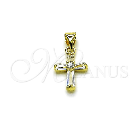 Oro Laminado Religious Pendant, Gold Filled Style Cross and Baguette Design, with White Cubic Zirconia, Polished, Golden Finish, 05.213.0203