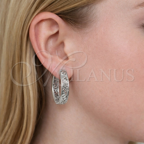 White Gold Filled Hoop Earrings — Huggie Hoop Leaf Design Polished 02. — alternate product view — SKU 164560 | Oro Laminado Blanco aretes de aro — Huggie Hoop Leaf diseño pulido 02. — SKU 164560