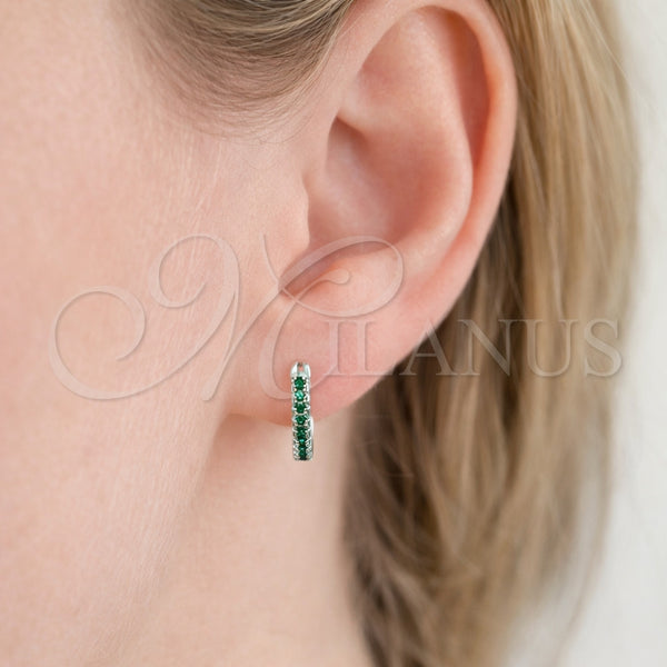White Gold Filled Hoop Earrings — Huggie Hoop with Green Cubic Zirconia Polished 02. — alternate product view — SKU 164567 | Oro Laminado Blanco aretes de aro — Huggie Hoop with Green Cubic Zirconia pulido 02. — SKU 164567