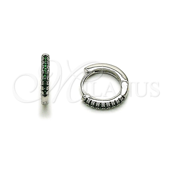 White Gold Filled Hoop Earrings — Huggie Hoop with Green Cubic Zirconia Polished 02. — main product view — SKU 164567 | Oro Laminado Blanco aretes de aro — Huggie Hoop with Green Cubic Zirconia pulido 02. — SKU 164567
