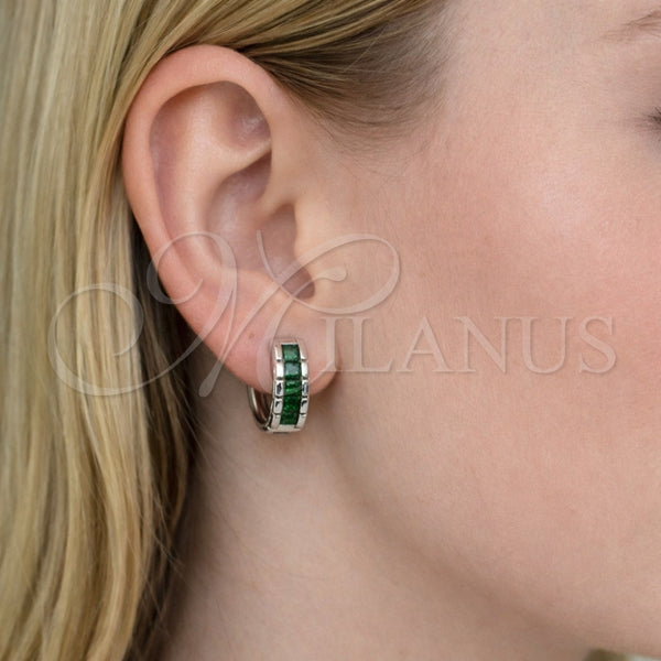 White Gold Filled Hoop Earrings — Huggie Hoop with Green Cubic Zirconia Polished 02. — alternate product view — SKU 164568 | Oro Laminado Blanco aretes de aro — Huggie Hoop with Green Cubic Zirconia pulido 02. — SKU 164568
