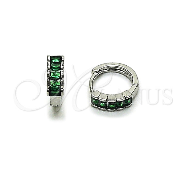 White Gold Filled Hoop Earrings — Huggie Hoop with Green Cubic Zirconia Polished 02. — main product view — SKU 164568 | Oro Laminado Blanco aretes de aro — Huggie Hoop with Green Cubic Zirconia pulido 02. — SKU 164568