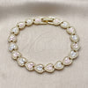Oro Laminado Tennis Bracelet, Gold Filled Style Heart Design, Diamond Cutting Finish, Tricolor, 03.213.0439.07 (08 MM Thickness, 7 Inches Length)