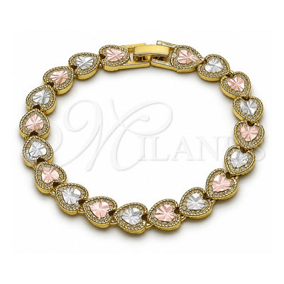 Oro Laminado Tennis Bracelet, Gold Filled Style Heart Design, Diamond Cutting Finish, Tricolor, 03.213.0439.07 (08 MM Thickness, 7 Inches Length)