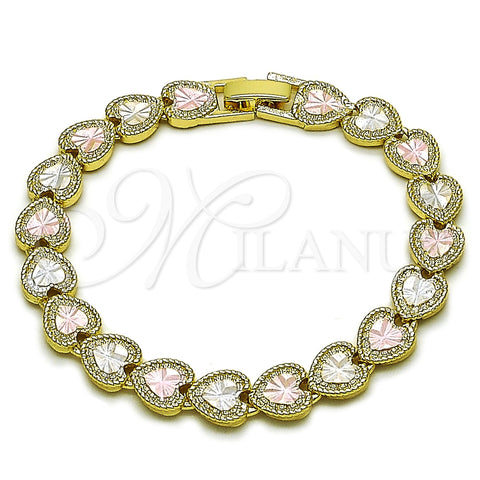 Oro Laminado Tennis Bracelet, Gold Filled Style Heart Design, Diamond Cutting Finish, Tricolor, 03.213.0439.07 (08 MM Thickness, 7 Inches Length)