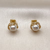 Oro Laminado Stud Earring, Gold Filled Style Love Knot and Twist Design, with Ivory Pearl, Polished, Golden Finish, 02.456.0003