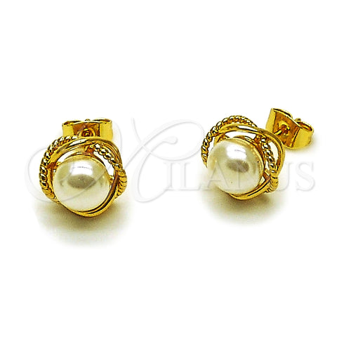 Oro Laminado Stud Earring, Gold Filled Style Love Knot and Twist Design, with Ivory Pearl, Polished, Golden Finish, 02.456.0003
