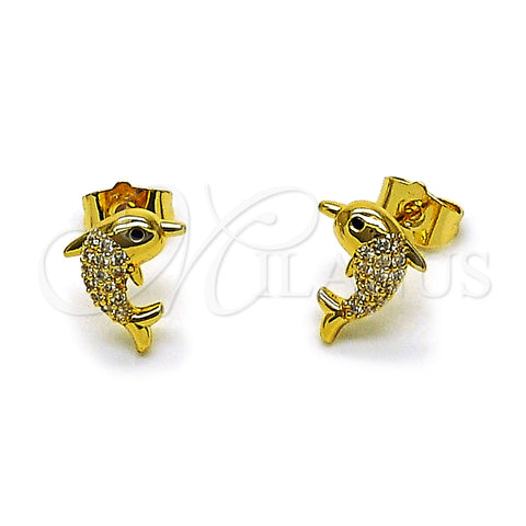 Oro Laminado Stud Earring, Gold Filled Style Dolphin Design, with White and Black Micro Pave, Polished, Golden Finish, 02.456.0004