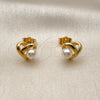 Oro Laminado Stud Earring, Gold Filled Style Heart and Love Knot Design, with Ivory Pearl, Polished, Golden Finish, 02.456.0006