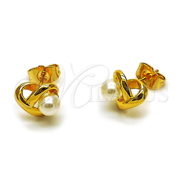Oro Laminado Stud Earring, Gold Filled Style Heart and Love Knot Design, with Ivory Pearl, Polished, Golden Finish, 02.456.0006