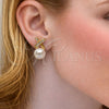 Oro Laminado Stud Earring, Gold Filled Style with Ivory Pearl and White Micro Pave, Polished, Golden Finish, 02.456.0008