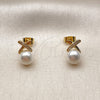 Oro Laminado Stud Earring, Gold Filled Style with Ivory Pearl and White Micro Pave, Polished, Golden Finish, 02.456.0008