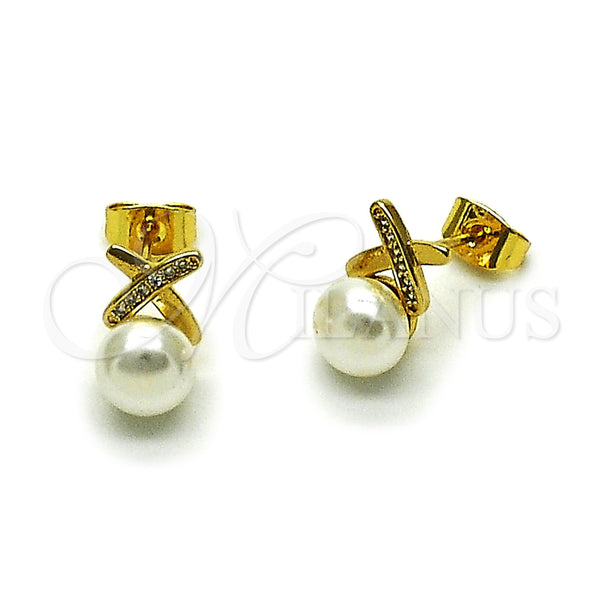 Oro Laminado Stud Earring, Gold Filled Style with Ivory Pearl and White Micro Pave, Polished, Golden Finish, 02.456.0008