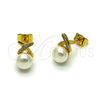 Oro Laminado Stud Earring, Gold Filled Style with Ivory Pearl and White Micro Pave, Polished, Golden Finish, 02.456.0008