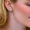 Oro Laminado Stud Earring, Gold Filled Style Four-leaf Clover Design, with White Cubic Zirconia, Polished, Golden Finish, 02.456.0011