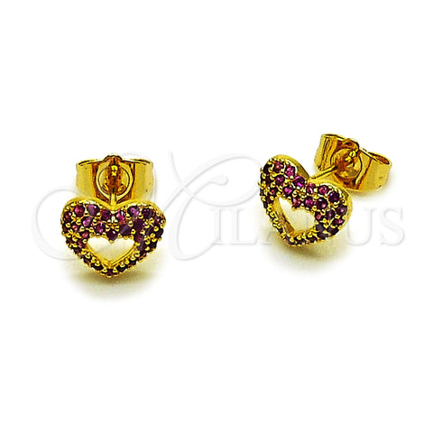 Oro Laminado Stud Earring, Gold Filled Style Heart Design, with Ruby Micro Pave, Polished, Golden Finish, 02.456.0012