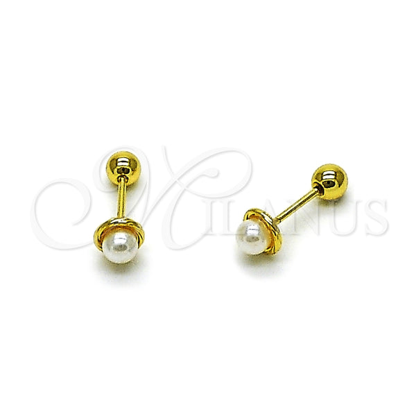 Oro Laminado Stud Earring, Gold Filled Style Ball Design, with Ivory Pearl, Polished, Golden Finish, 02.456.0013