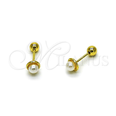 Oro Laminado Stud Earring, Gold Filled Style Ball Design, with Ivory Pearl, Polished, Golden Finish, 02.456.0013