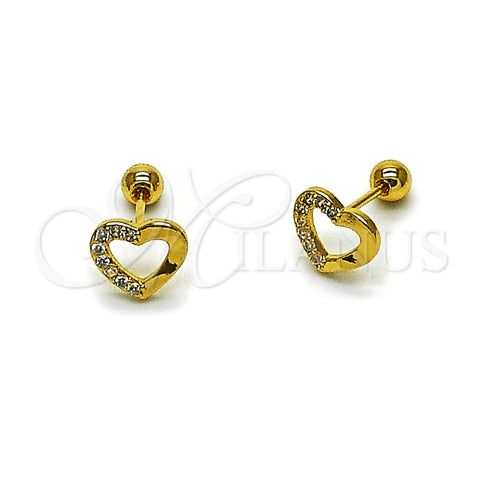 Oro Laminado Stud Earring, Gold Filled Style Heart Design, with White Cubic Zirconia, Polished, Golden Finish, 02.456.0016