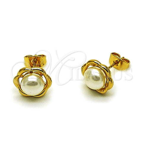 Oro Laminado Stud Earring, Gold Filled Style Flower Design, with Ivory Pearl, Polished, Golden Finish, 02.456.0018