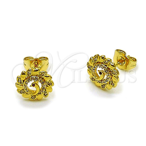 Oro Laminado Stud Earring, Gold Filled Style Peacock Design, with White and Ruby Micro Pave, Polished, Golden Finish, 02.456.0020