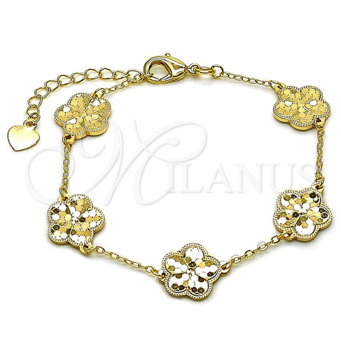 Oro Laminado Fancy Bracelet, Gold Filled Style Flower and Rolo Design, Diamond Cutting Finish, Golden Finish, 03.418.0004.07 (12 MM Thickness, 7 Inches Length)