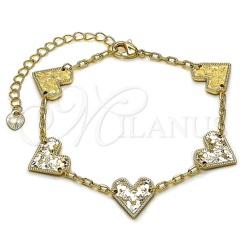 Oro Laminado Fancy Bracelet, Gold Filled Style Heart and Rolo Design, Diamond Cutting Finish, Golden Finish, 03.418.0005.07 (Thickness, 7 Inches Length)