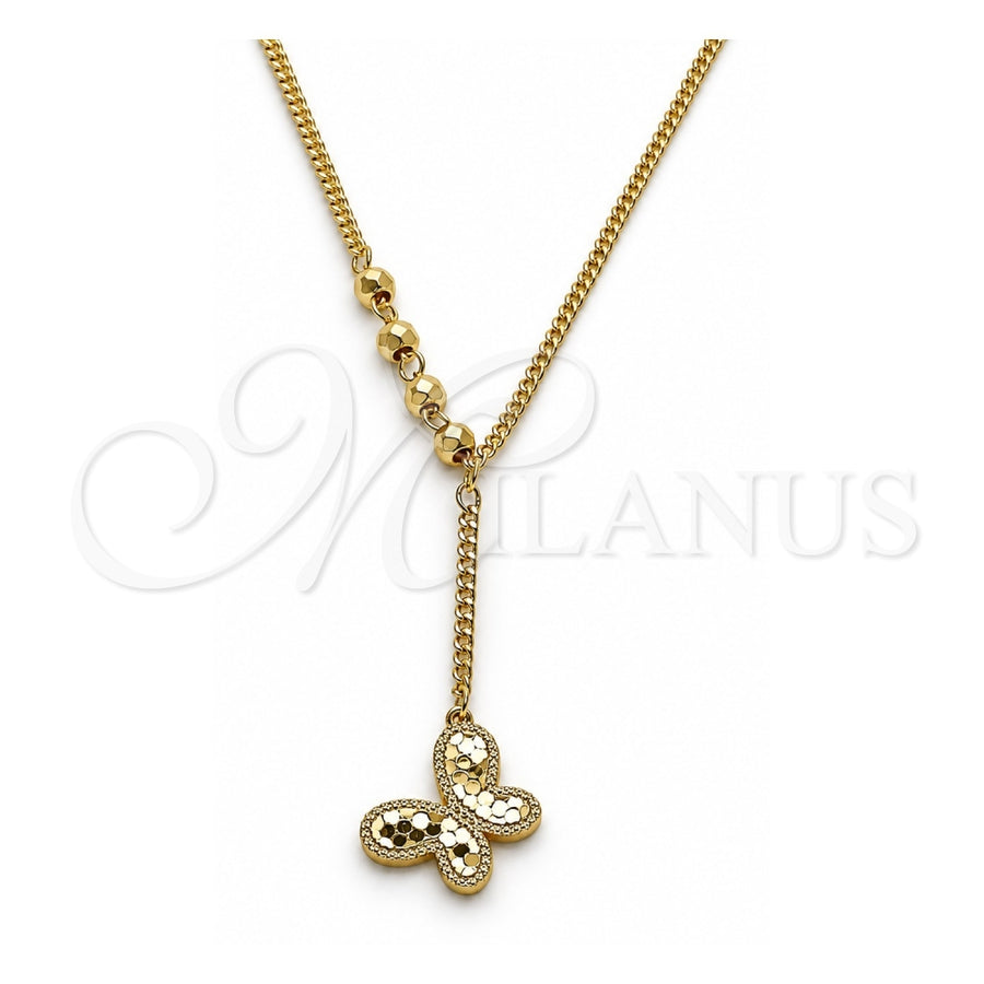 Oro Laminado Fancy Necklace, Gold Filled Style Butterfly and Miami Cuban Design, Diamond Cutting Finish, Golden Finish, 04.418.0001.16 (Thickness, 16 Inches Length)