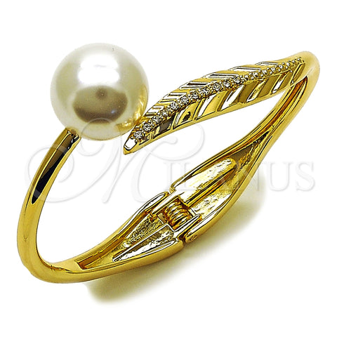Oro Laminado Individual Bangle, Gold Filled Style Leaf and Ball Design, with Ivory Pearl and White Crystal, Polished, Golden Finish, 07.215.0040.04 (21 MM Thickness, Size 4 (2.25 Diameter))