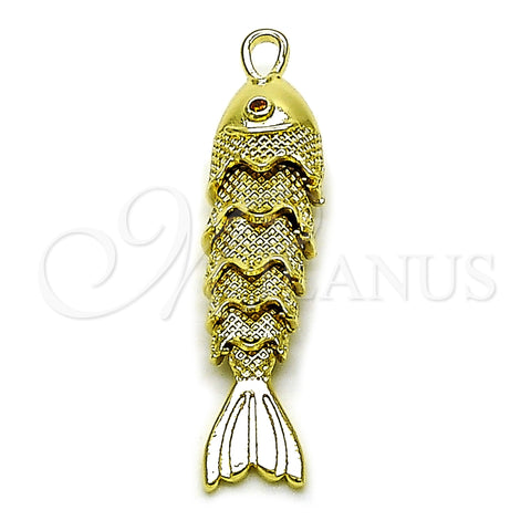 Oro Laminado Fancy Pendant, Gold Filled Style Fish Design, with Ruby Cubic Zirconia, Polished, Golden Finish, 05.458.0004