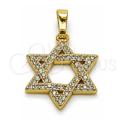 Oro Laminado Religious Pendant, Gold Filled Style Star of David and Judaica Design, with White Cubic Zirconia, Polished, Golden Finish, 05.459.0009