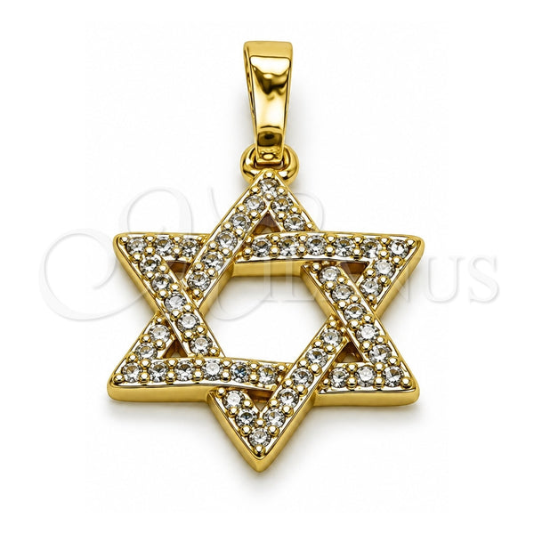 Oro Laminado Religious Pendant, Gold Filled Style Star of David and Judaica Design, with White Cubic Zirconia, Polished, Golden Finish, 05.459.0009