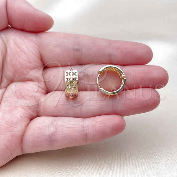 Gold Filled Hoop Earrings — Huggie Hoop Four-leaf Clover Design Polished Tricolor 02. — alternate product view — SKU 164661 | Oro Laminado aretes de aro — Huggie Hoop Four-leaf Clover diseño pulido Tricolor 02. — SKU 164661
