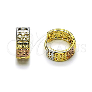 Gold Filled Hoop Earrings — Huggie Hoop Four-leaf Clover Design Polished Tricolor 02. — main product view — SKU 164661 | Oro Laminado aretes de aro — Huggie Hoop Four-leaf Clover diseño pulido Tricolor 02. — SKU 164661