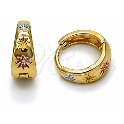 Oro Laminado Huggie Hoop, Gold Filled Style Star Design, Diamond Cutting Finish, Tricolor, 02.196.0258.15