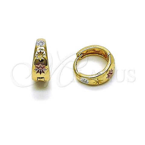 Oro Laminado Huggie Hoop, Gold Filled Style Star Design, Diamond Cutting Finish, Tricolor, 02.196.0258.15