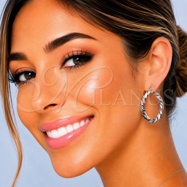 White Gold Filled Hoop Earrings — Medium Hoop Twist Design Diamond Cutting 02. — alternate product view — SKU 164675 | Oro Laminado Blanco aretes de aro — Medium Hoop Twist diseño Diamond Cutting 02. — SKU 164675
