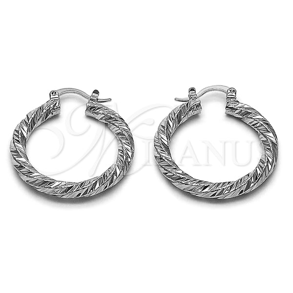 White Gold Filled Hoop Earrings — Medium Hoop Twist Design Diamond Cutting 02. — main product view — SKU 164675 | Oro Laminado Blanco aretes de aro — Medium Hoop Twist diseño Diamond Cutting 02. — SKU 164675